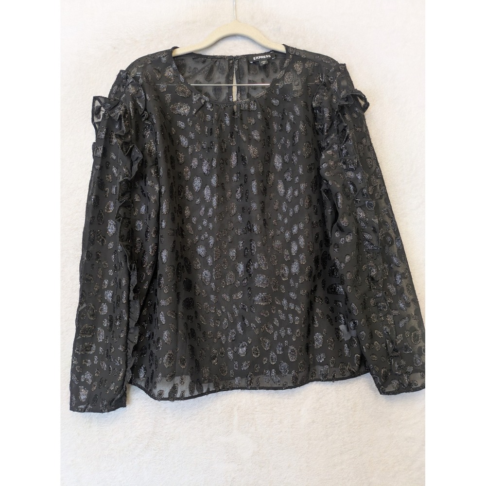 Express Blouse Women's Medium Black Metallic Leopard Sheer Ruffle Sleeve Top